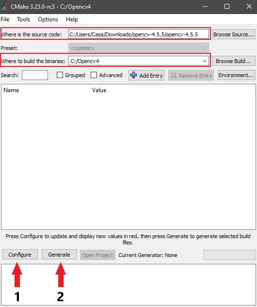 Figure 4 - Step by step of CMake configuration for OpenCV 4