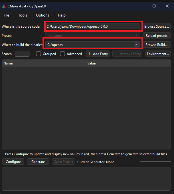Selecting the source code folder and build folder in CMake GUI