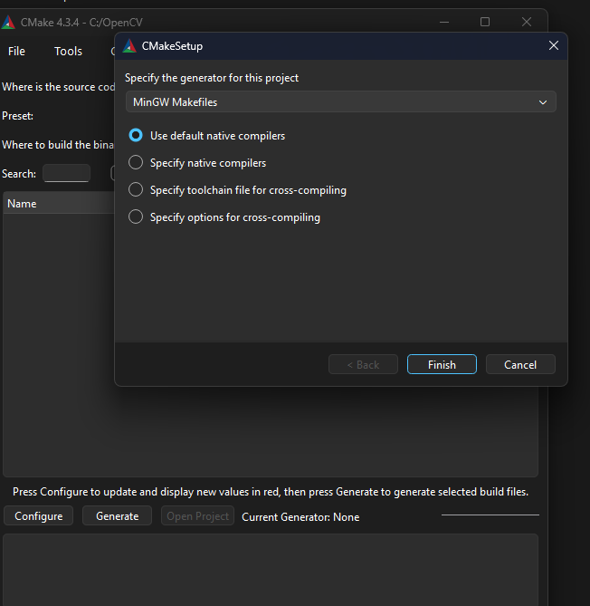 Selecting MinGW Makefiles as the CMake generator