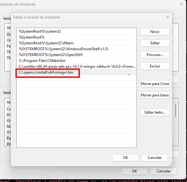 Adding the OpenCV install bin folder to the Windows PATH environment variable